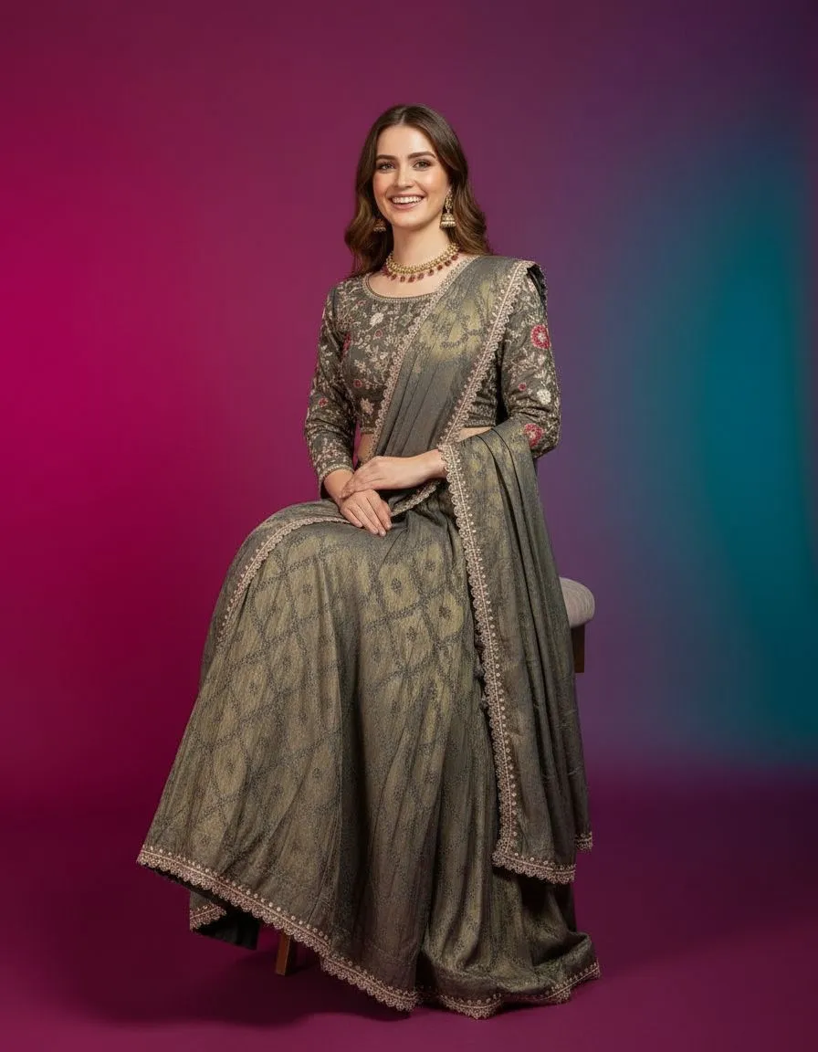 Embroidered saree Lehenga Set view 2