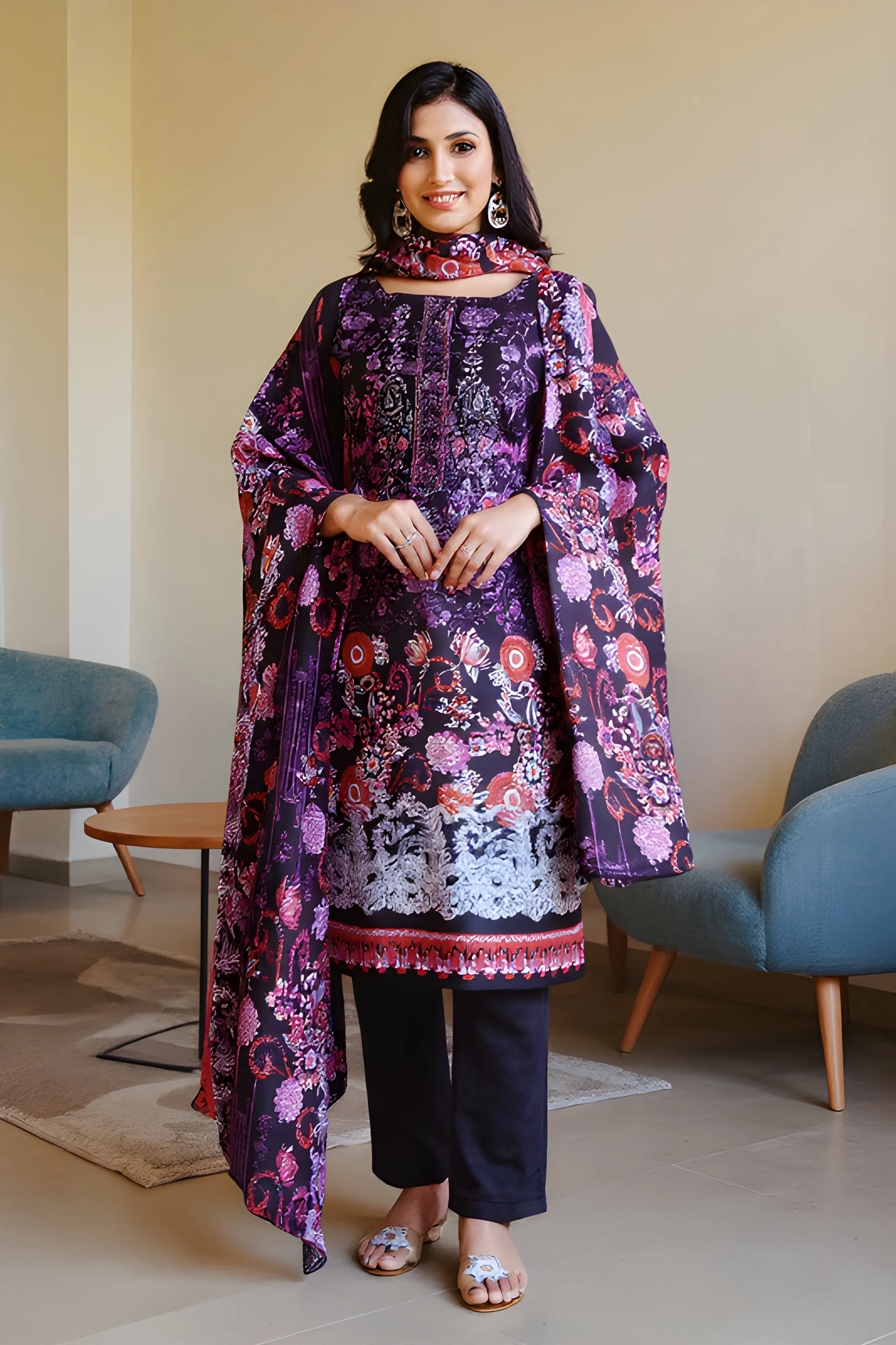 Embroidered Purple Kurti Set