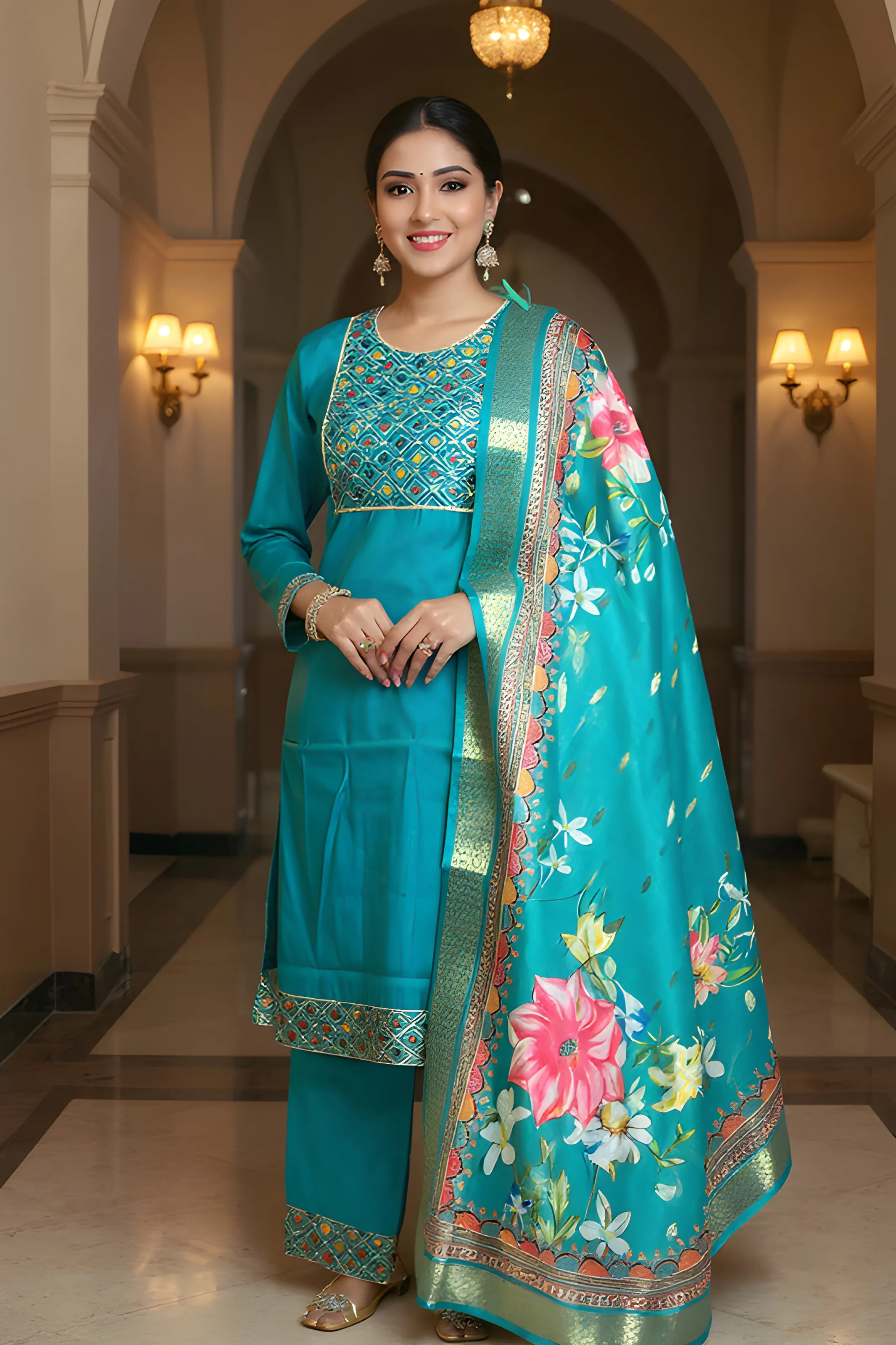 Teal Embroidered Kurti Set