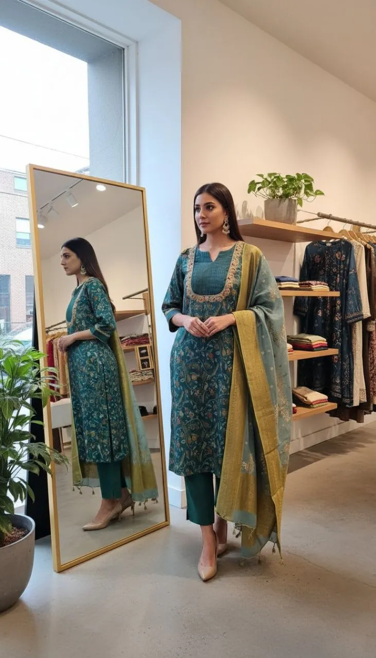 Teal Floral Embroidered Kurta view 2