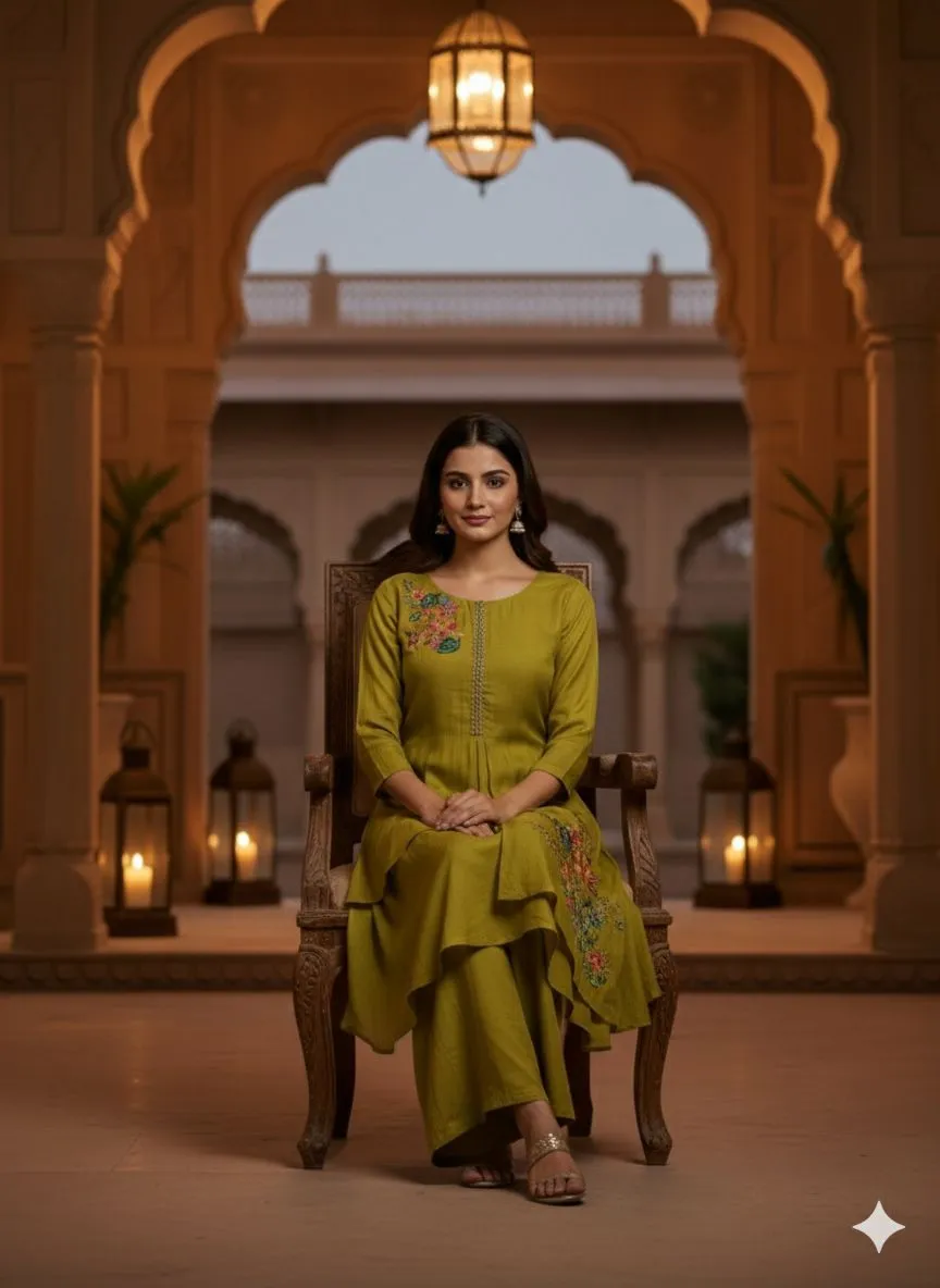 Embroidered Green Tiered Kurta Set view 2