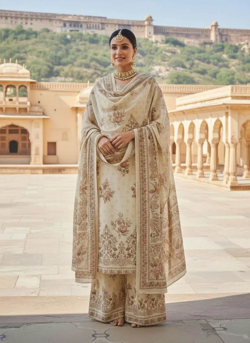Elegant Cream Muslin Pallazo Set