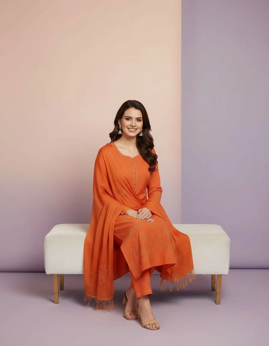 Orange Embroidered Kurta Set view 2