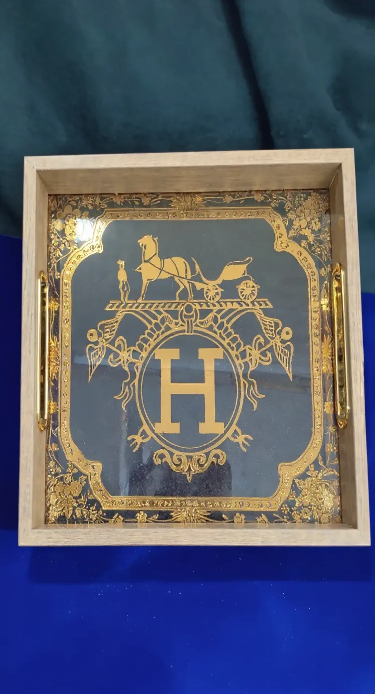Decorative Glass Tray With Gold Print