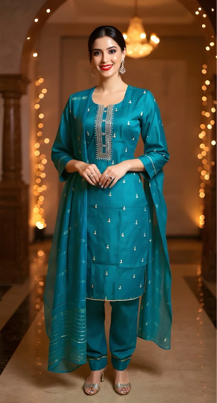 Teal Embellished Silk Kurti Set (size S(40) M(42) L(44) Free Delivery