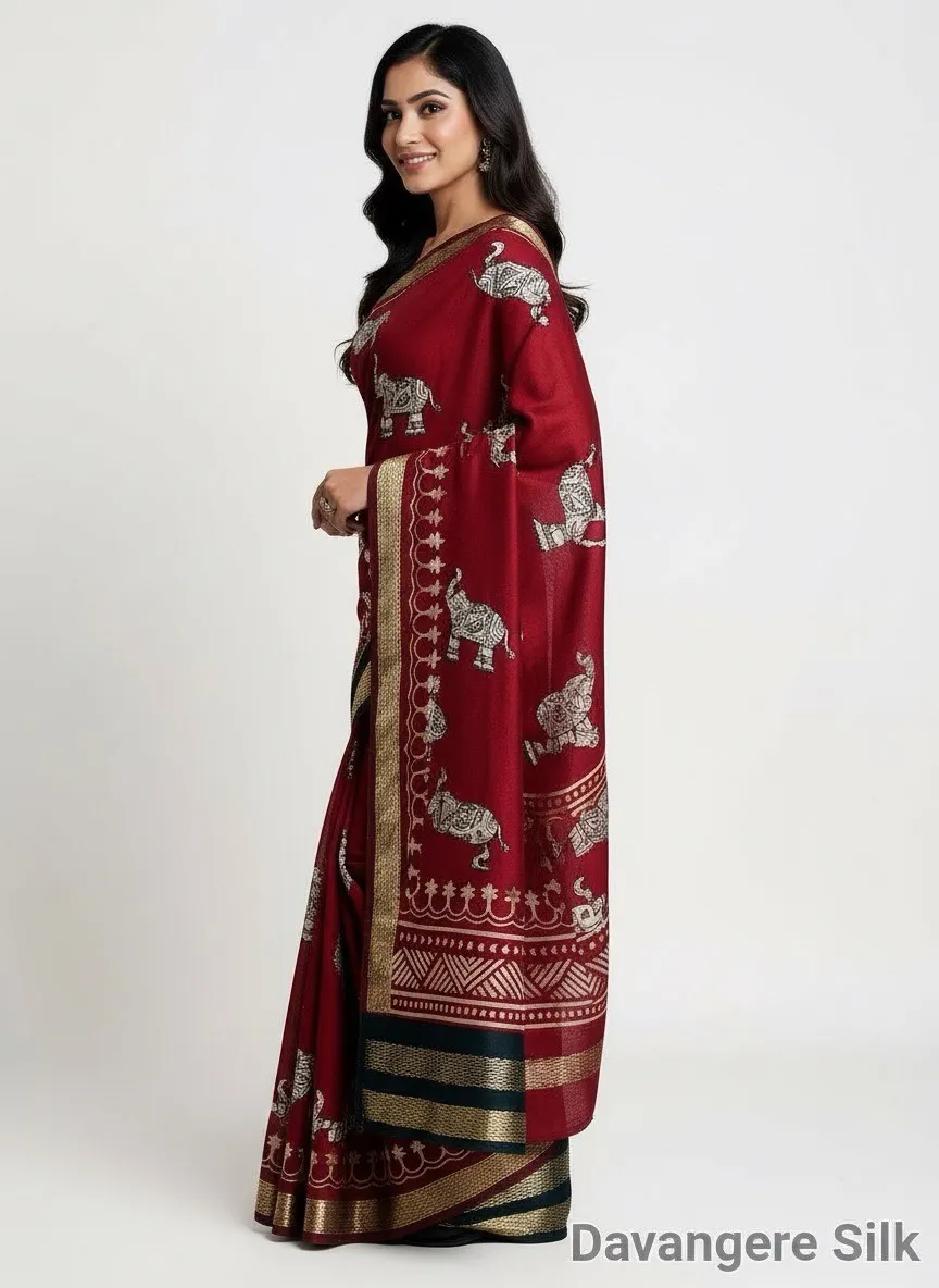 Maroon  with Silver Elephant Zari Motifs view 3