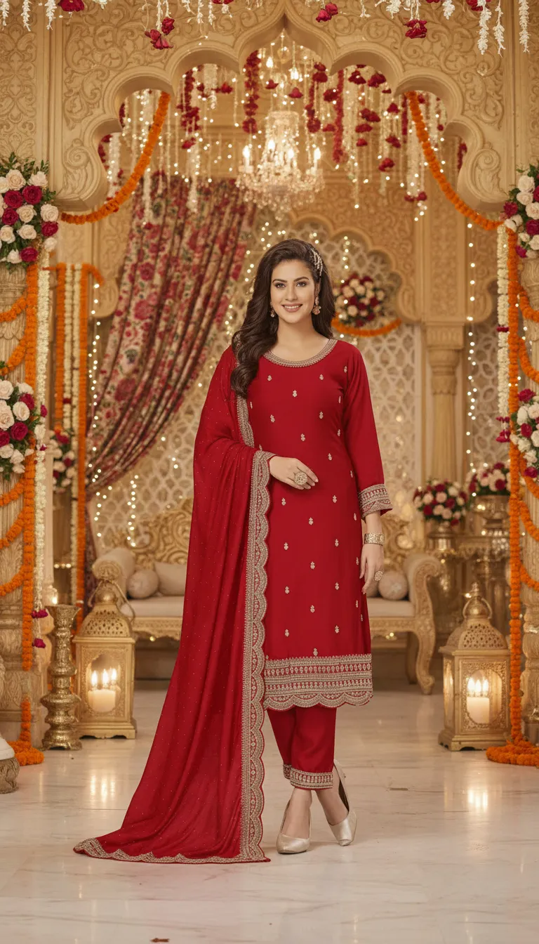 Red Embroidered Kurta with Dupatta