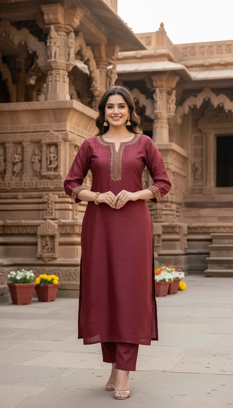 Maroon Embroidered Kurta Set