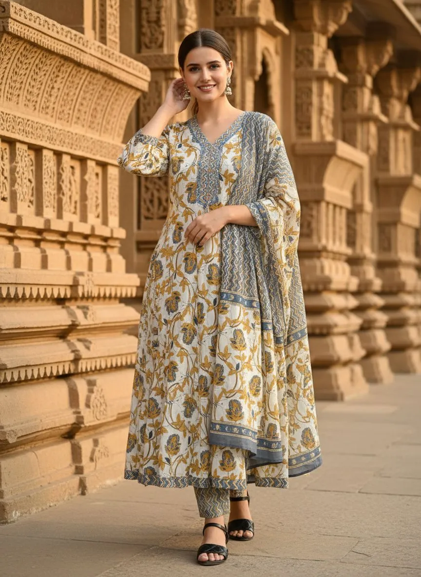 Blue Gold Block Print Kurta Set