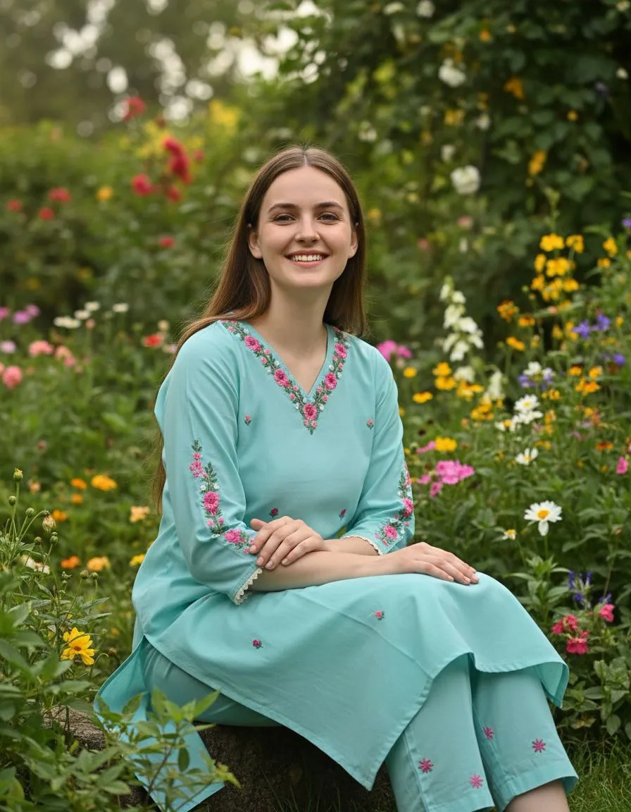 Embroidered Aqua Kurti Set view 2