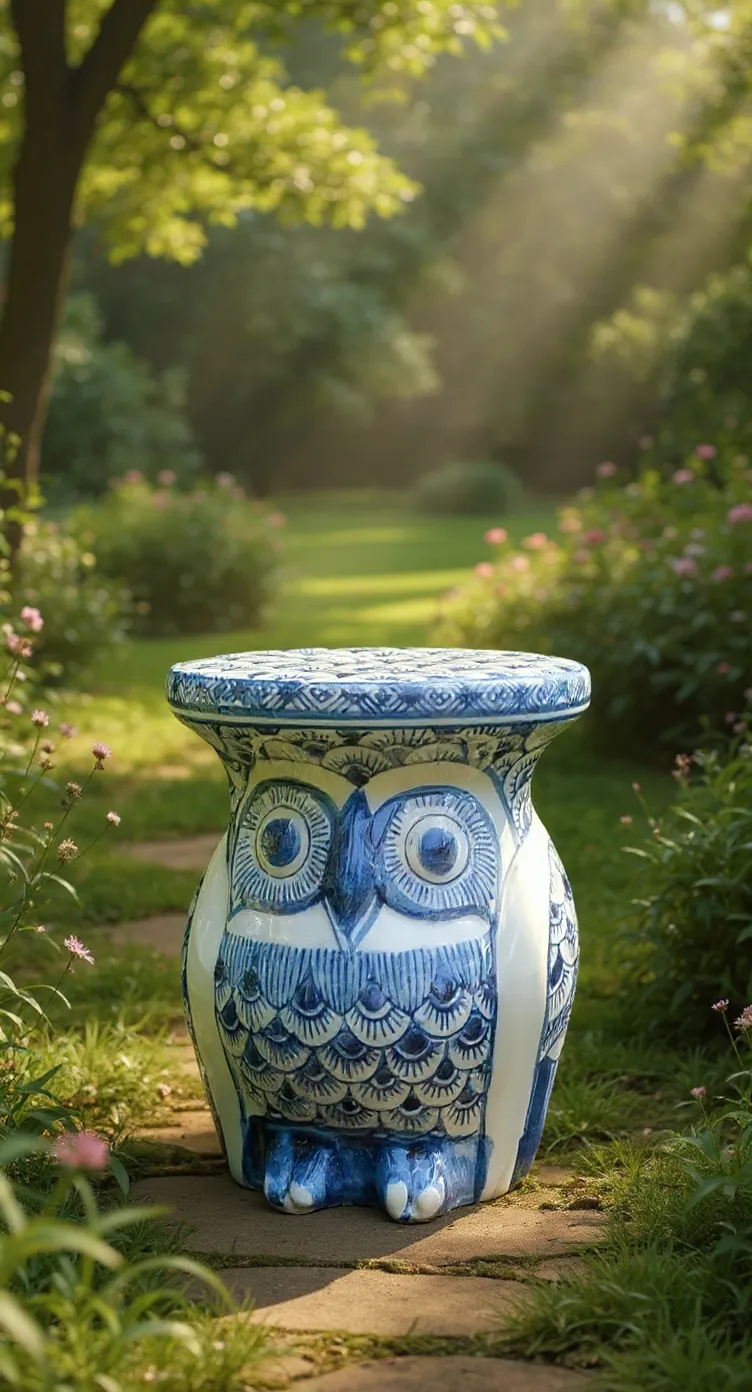 Blue Pottery Owl Stool