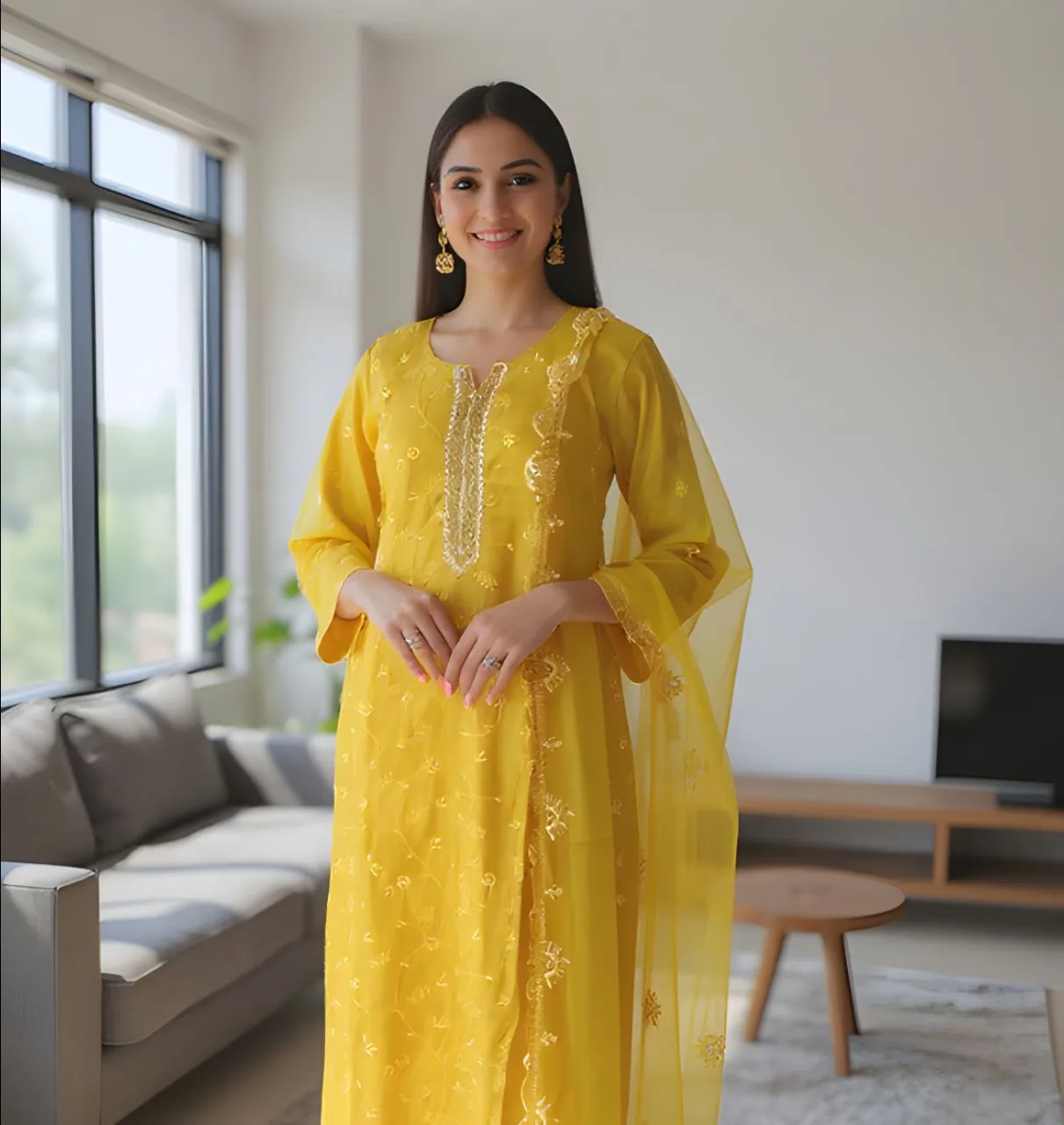 Karigari Yellow Embroidered Salvar Suit
