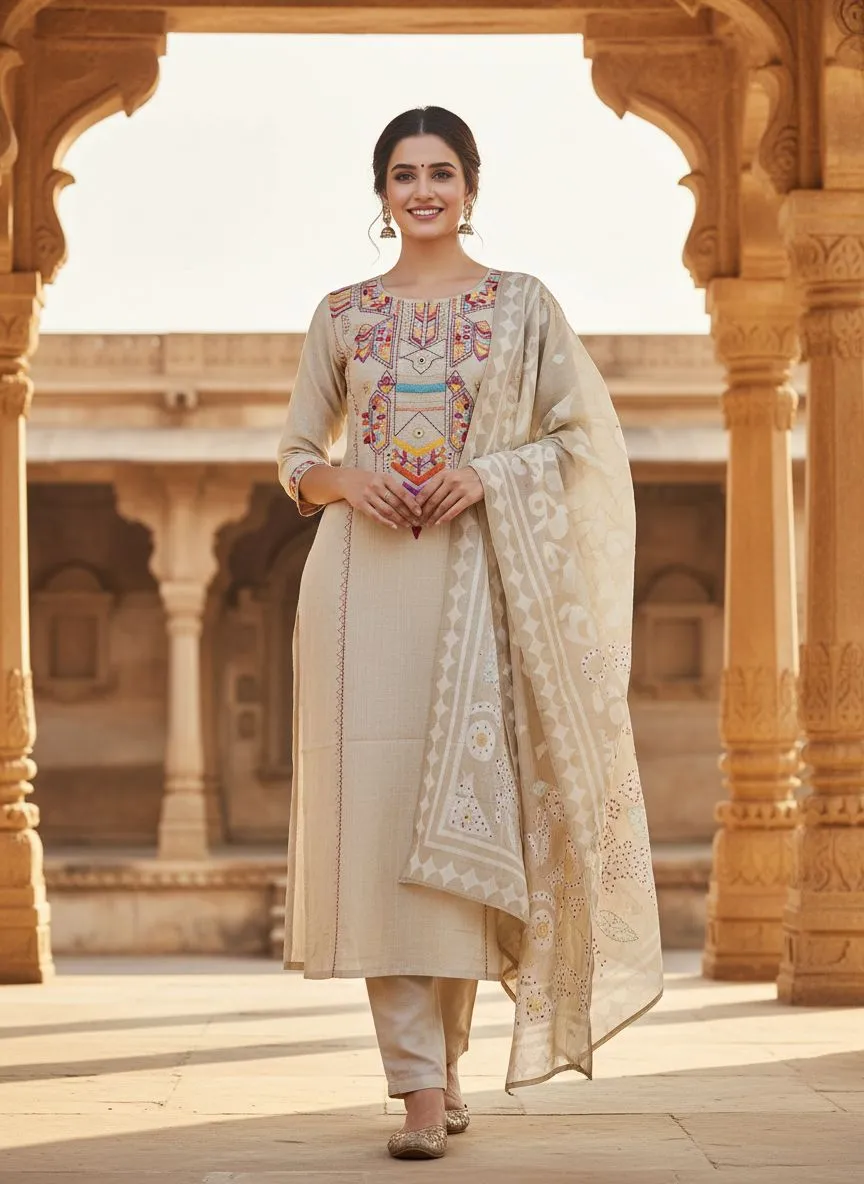 Hand Embroidered Beige Salwar Suit