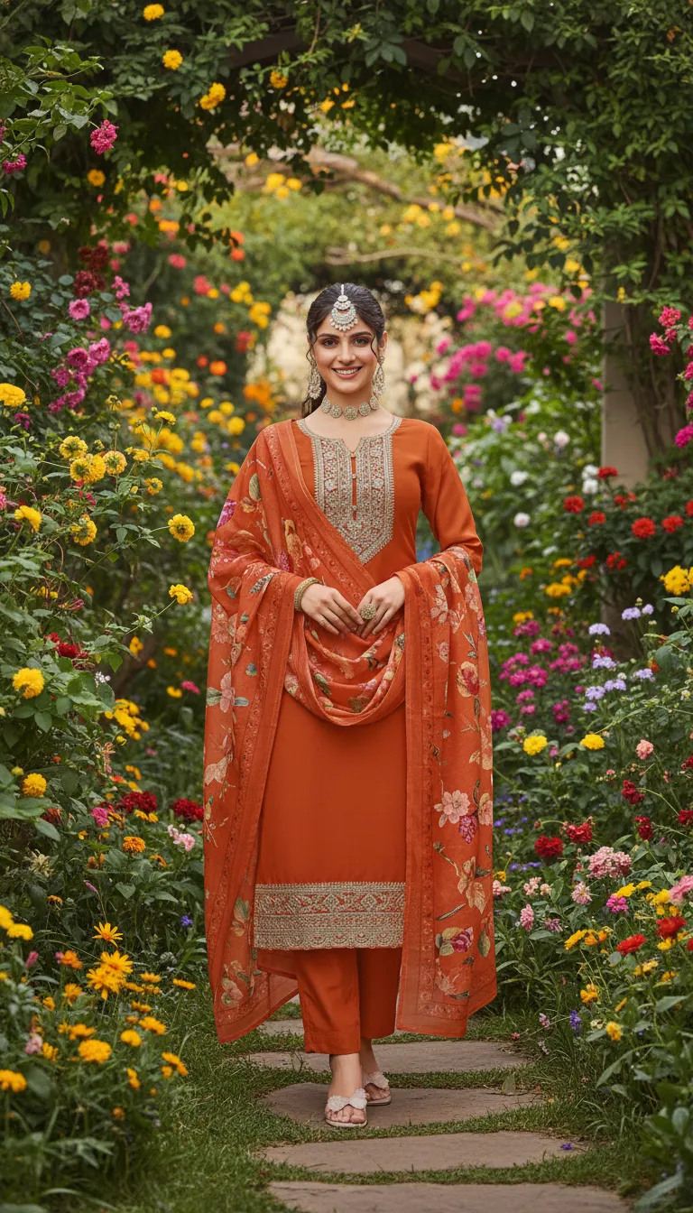 Orange Embroidered Kurta Suit