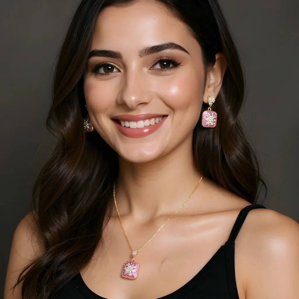 Glittering Pink Necklace and Earrings Set view 3