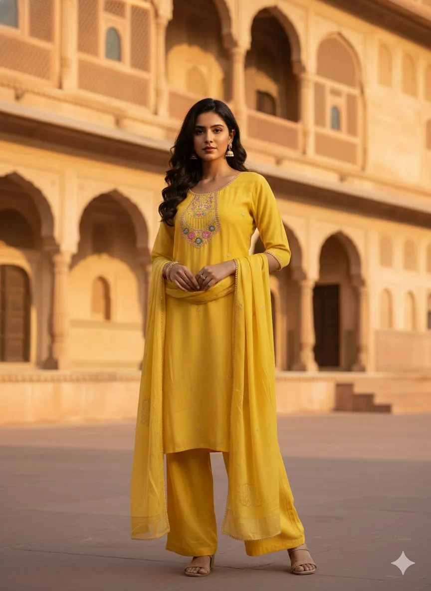Yellow Embroidered Kurta Set view 2