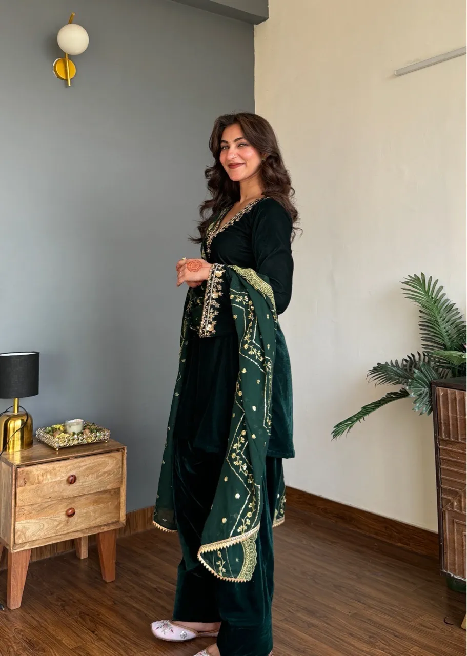 ‘Nazneen’ Hand embroidered Farshi Salvar set- Green view 4
