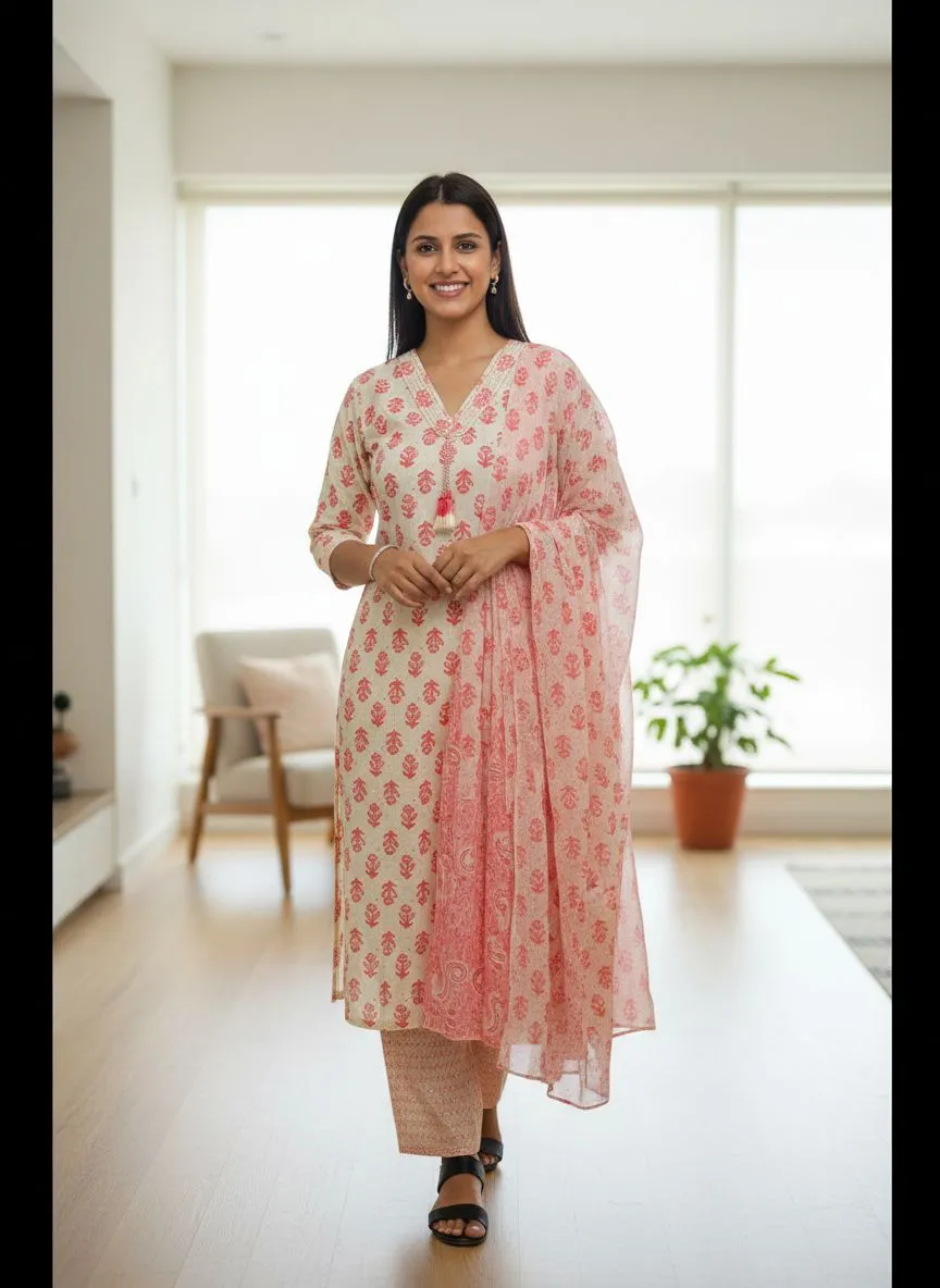 White Peach Kurta Set
