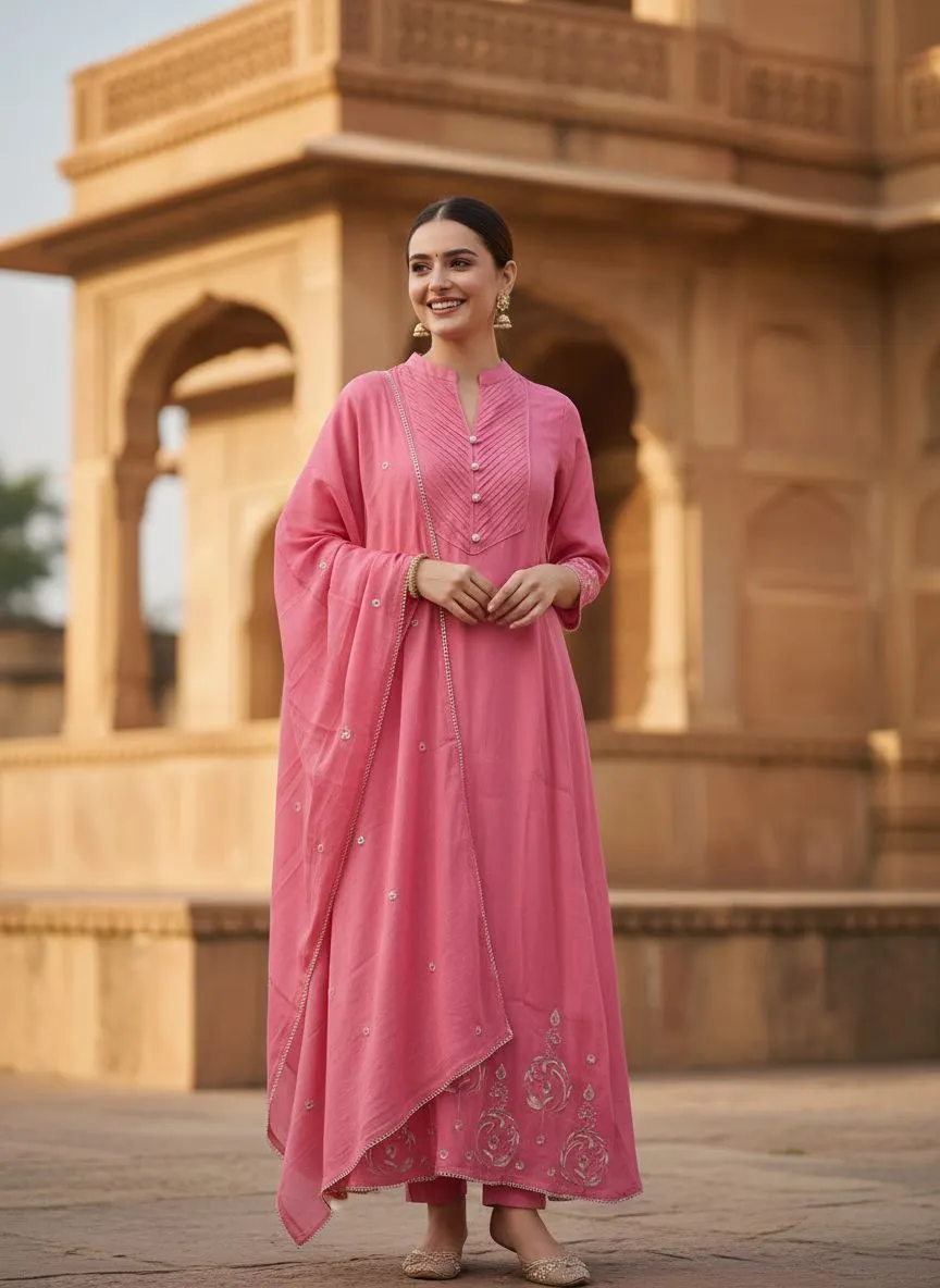 Elegant Mal Chanderi Pink Kurta Set