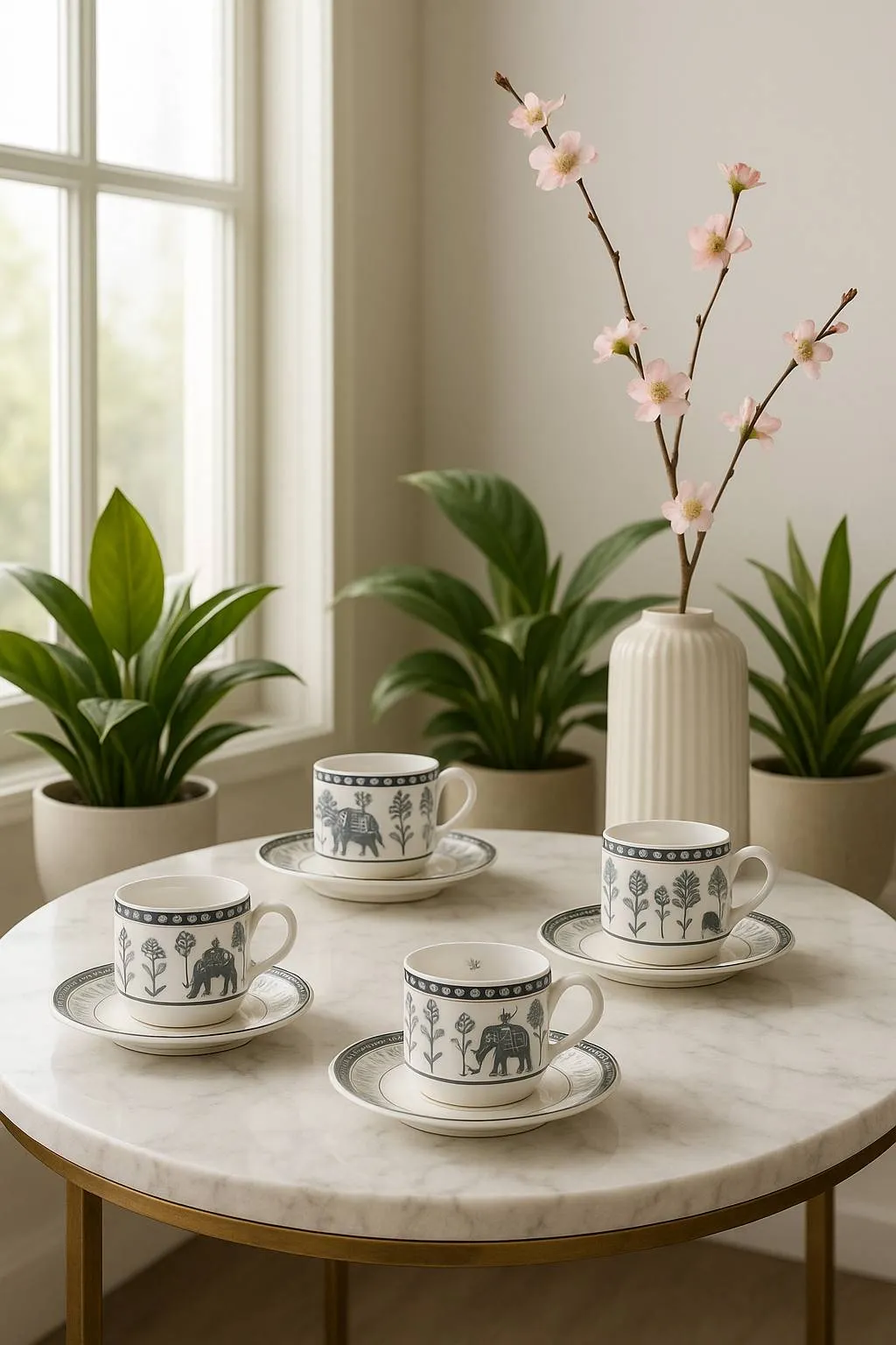 India Circus Cup Saucer, 250 ml, Set of 8, 4 Cup and 4 Saucers, Gardenia Dreams