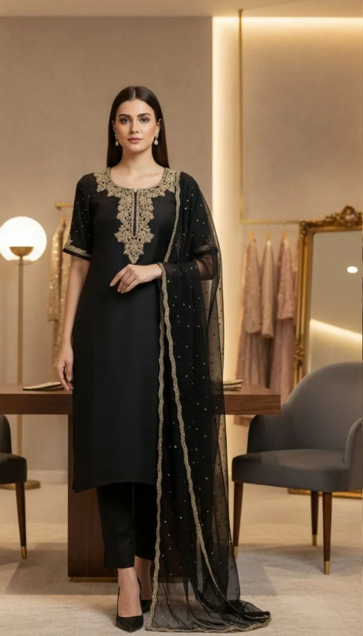 Embroidered Black Modal Satin Suit