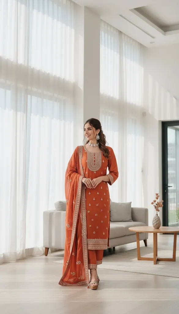 Orange Embroidered Kurta Set