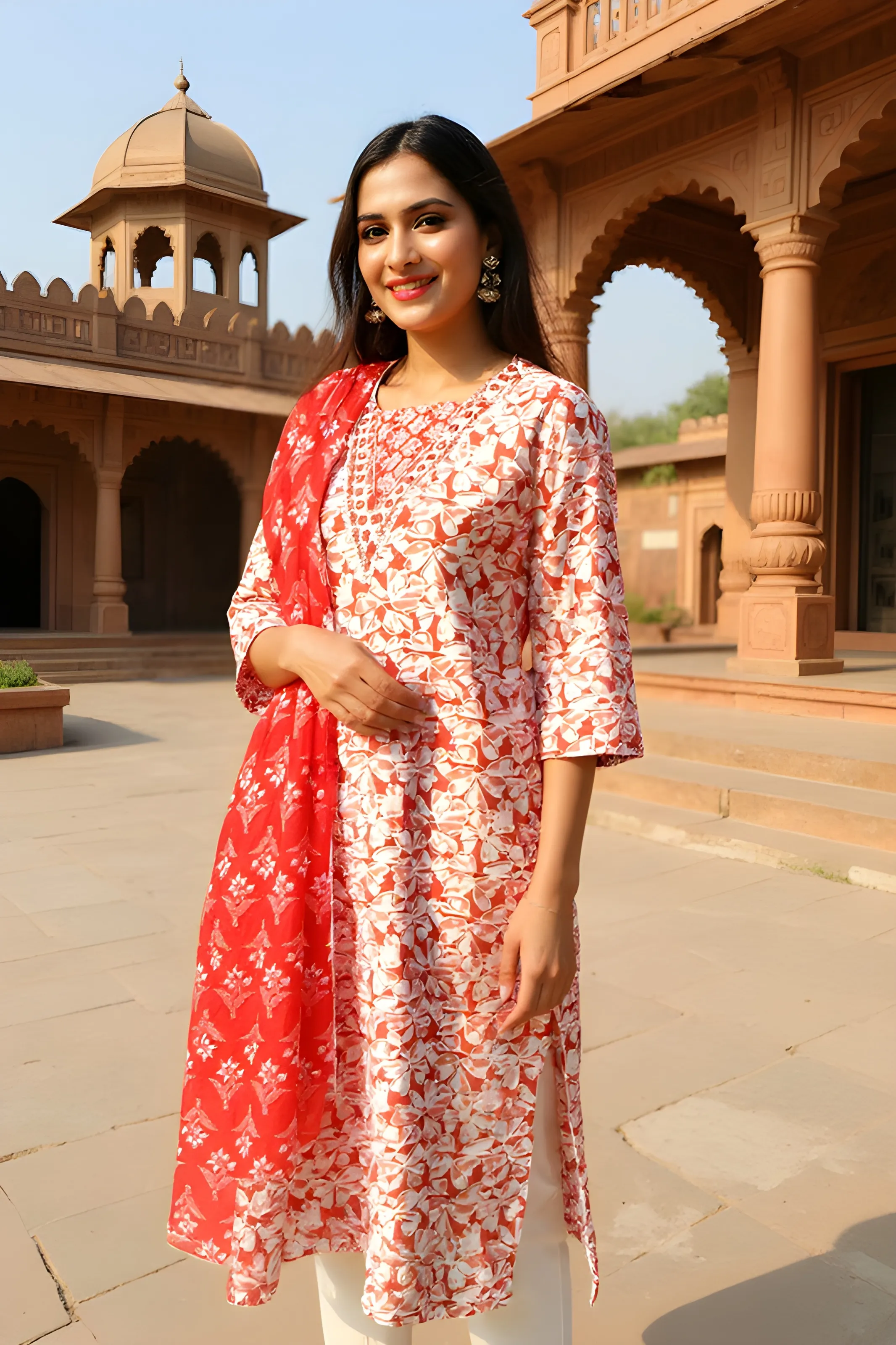 Red Printed Kurta Size M