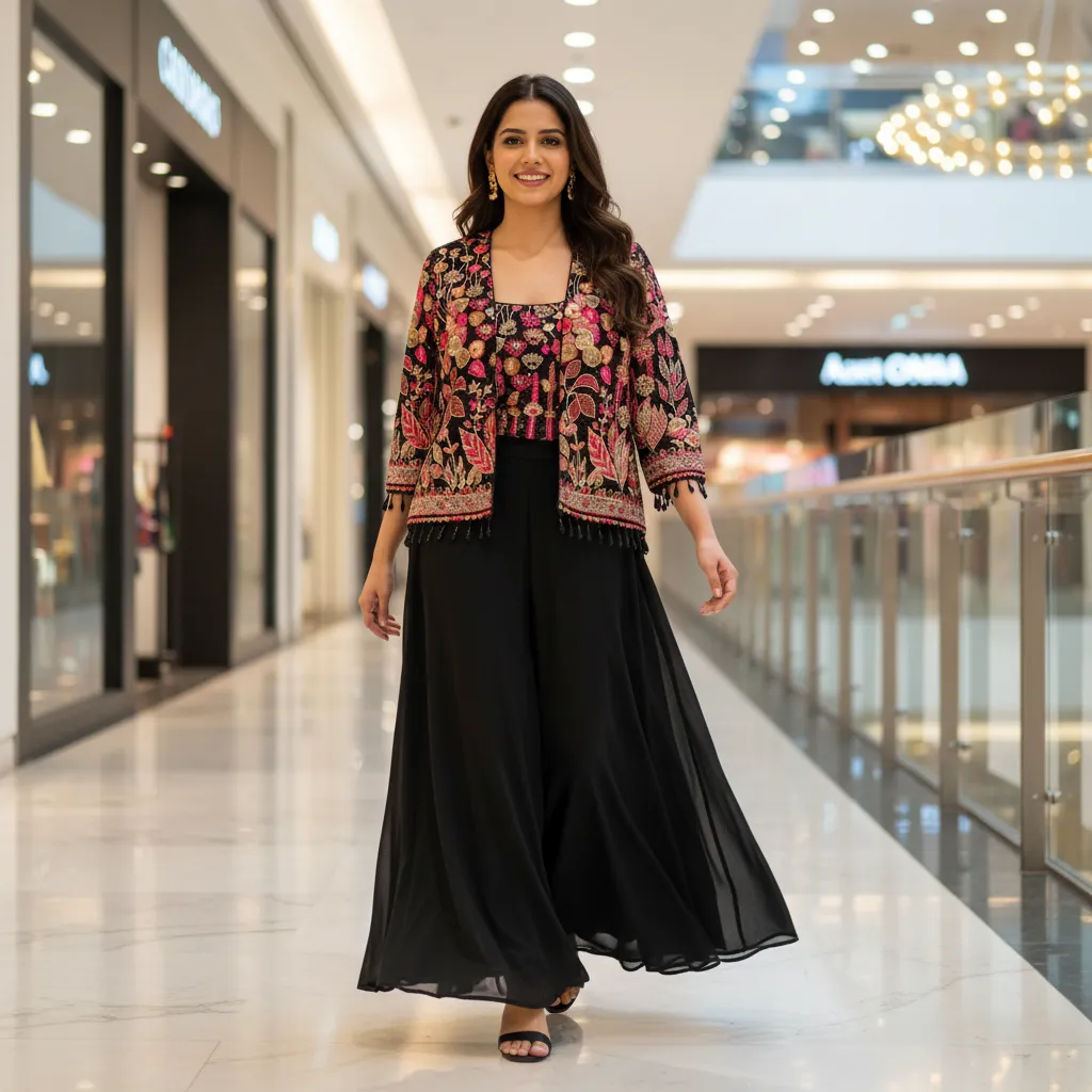 Embroidered Black Jacket and Palazzo Set