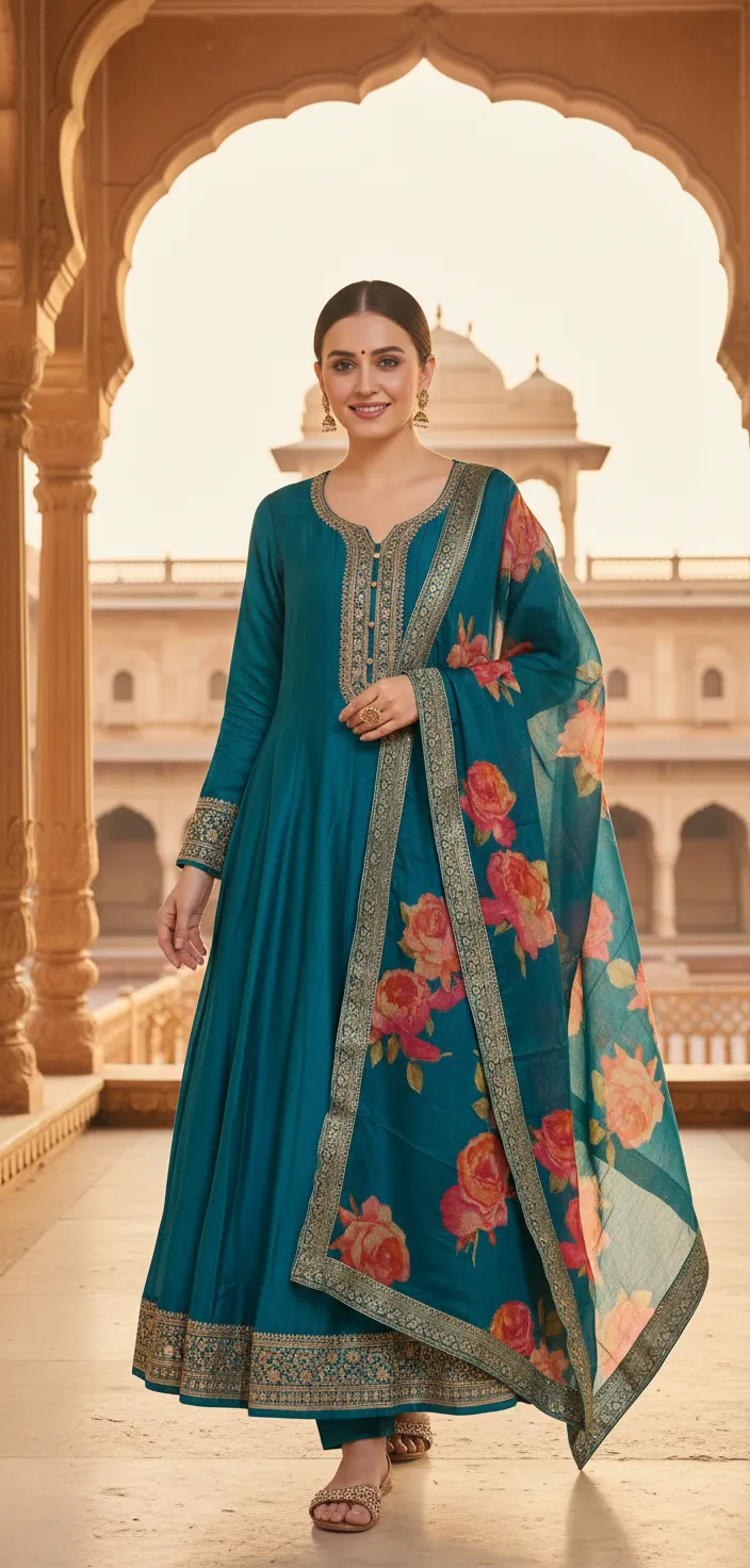 Teal Anarkali Suit with Floral Dupatta
