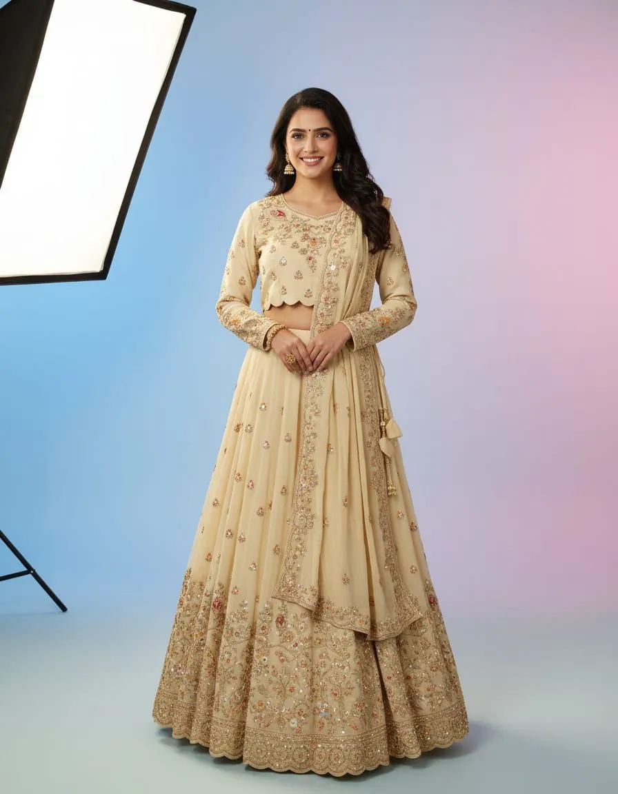Embroidered Cream Lehenga view 2
