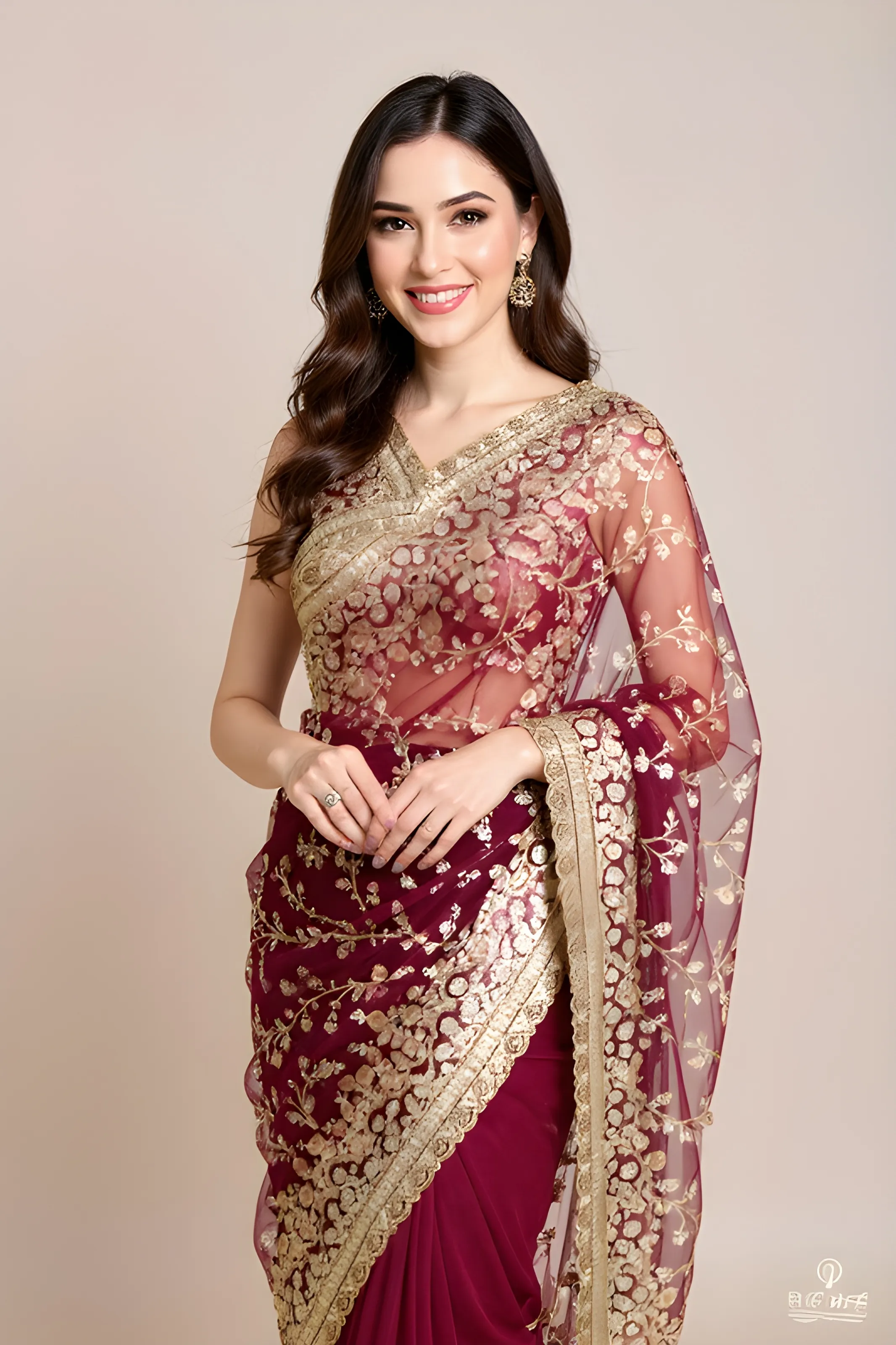 Embroidered Maroon Saree