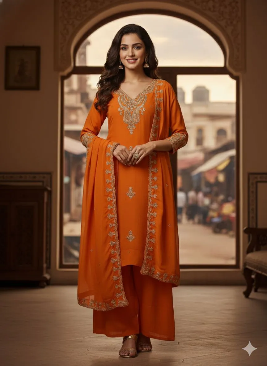 Orange Embellished Kurta Set view 2