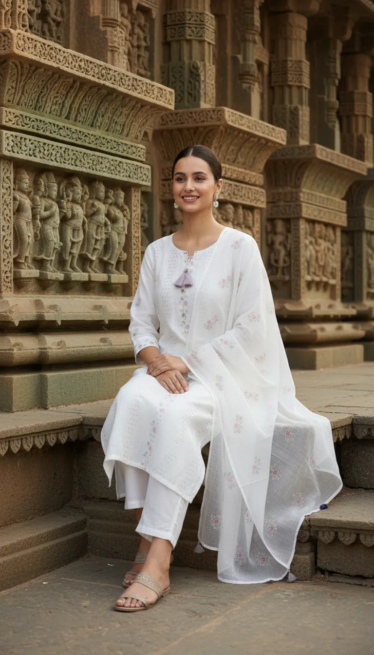 Resham Embroidered Kurti Set With Dupatta
