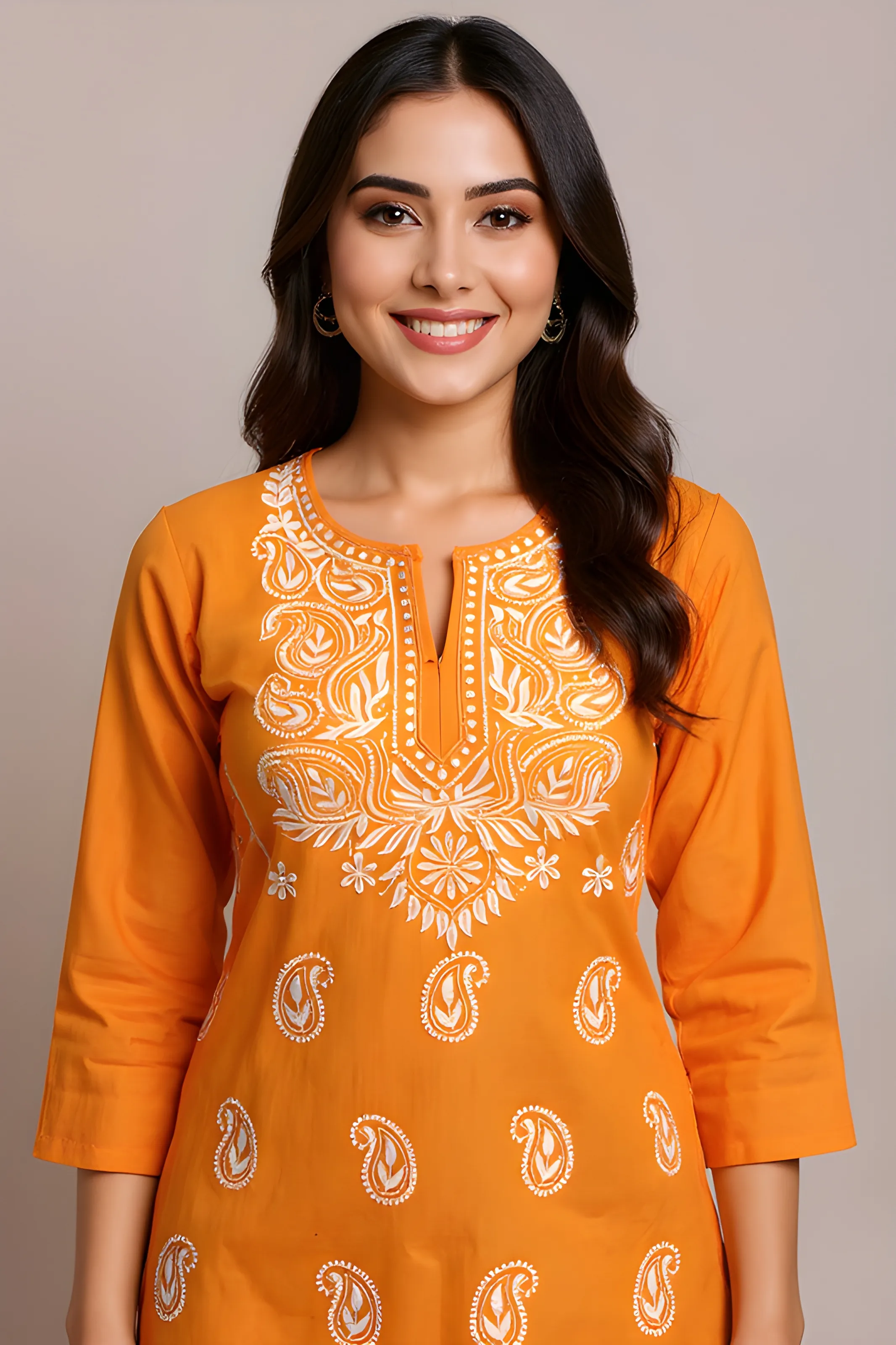 Orange Embroidered Kurti
