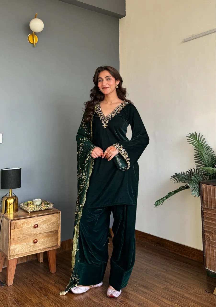 ‘Nazneen’ Hand embroidered Farshi Salvar set- Green view 5
