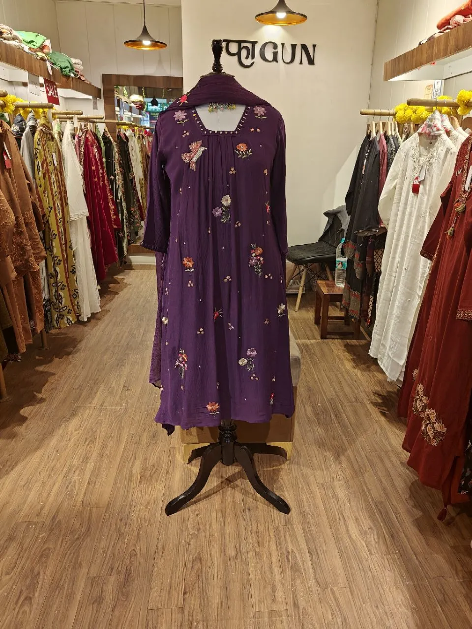 Aubergine Chiffon Kurta Set With Multi Floral Embroidery view 4