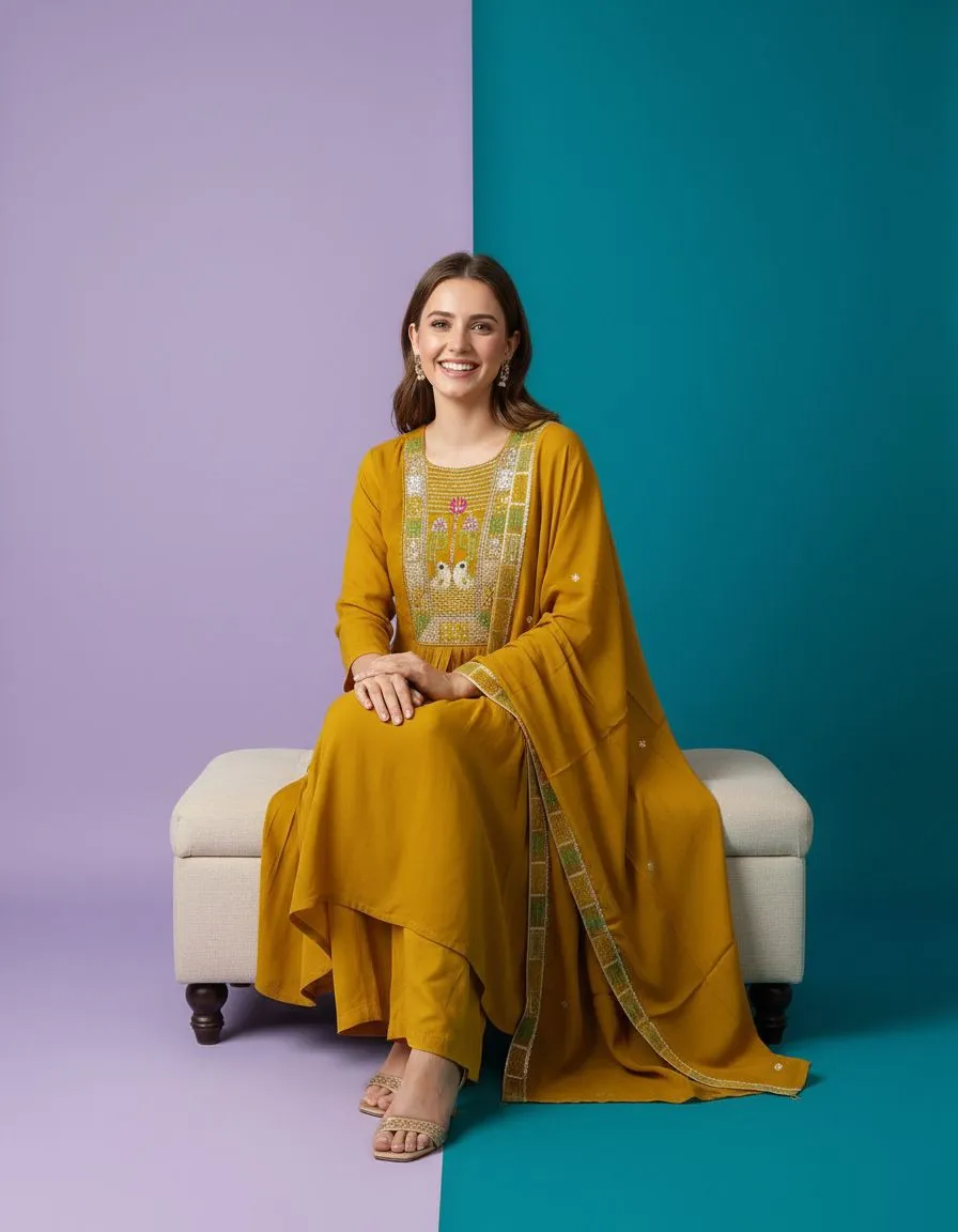 Embroidered Mustard Salwar Kameez view 2