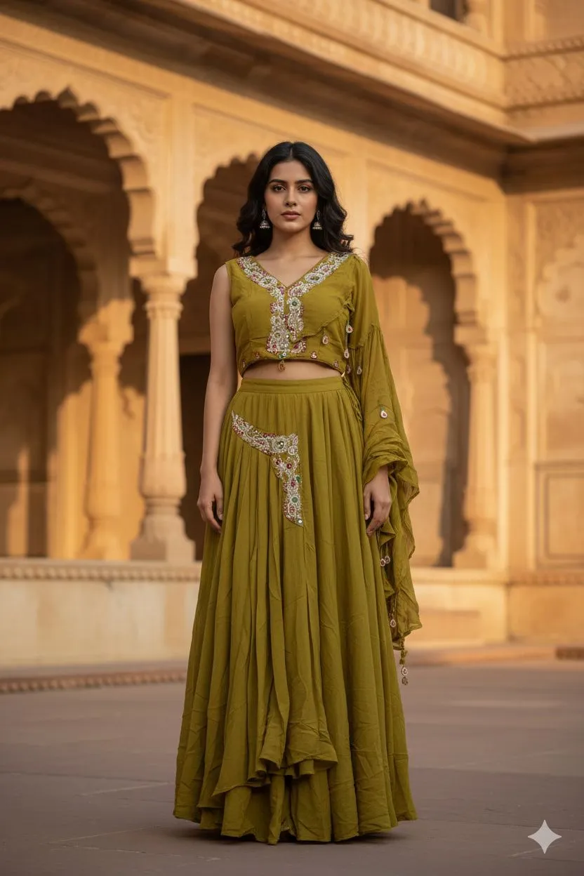 Olive Green Embellished Saree view 2