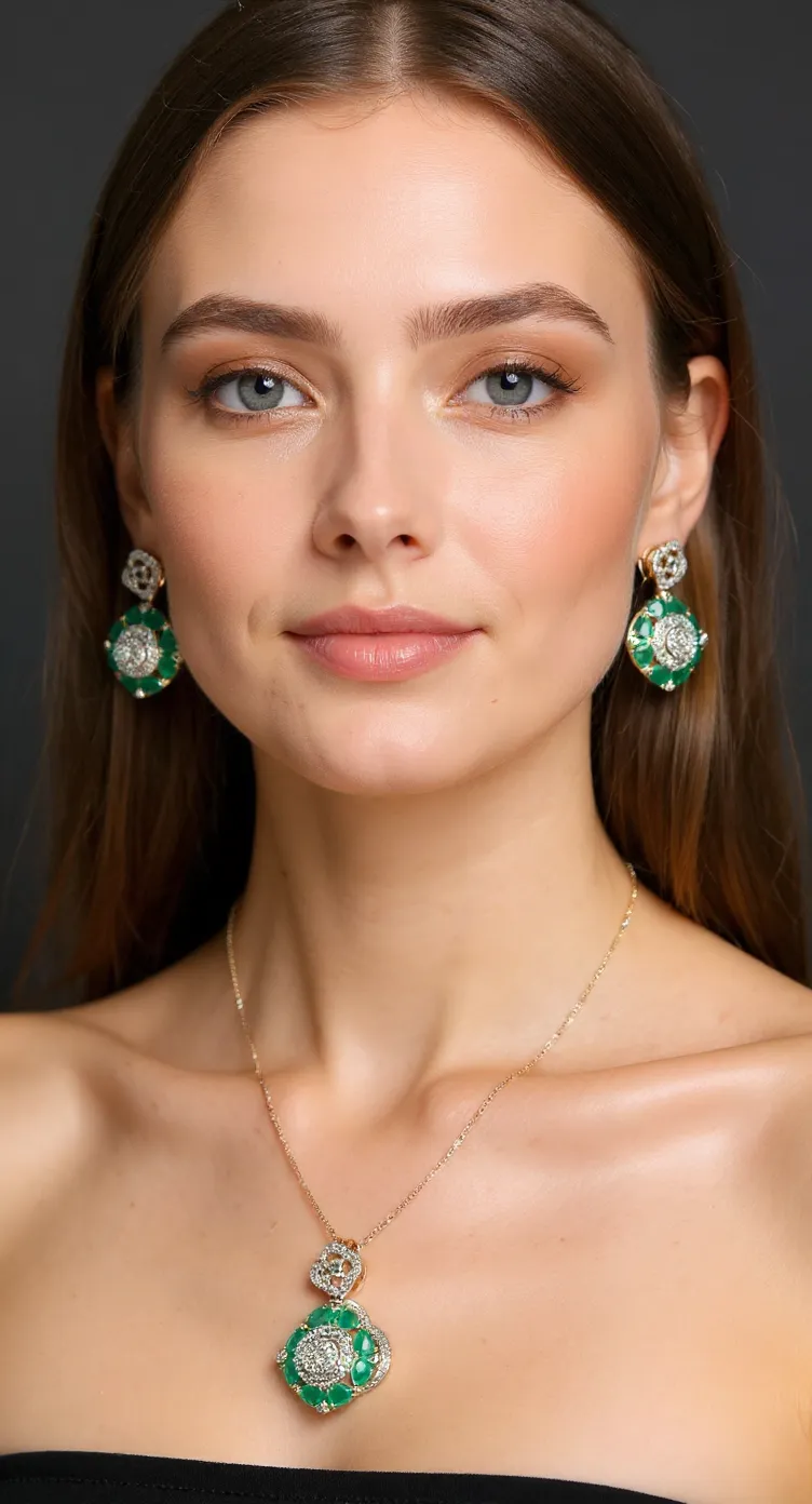 Emerald and Diamond Earrings and Pendant Set