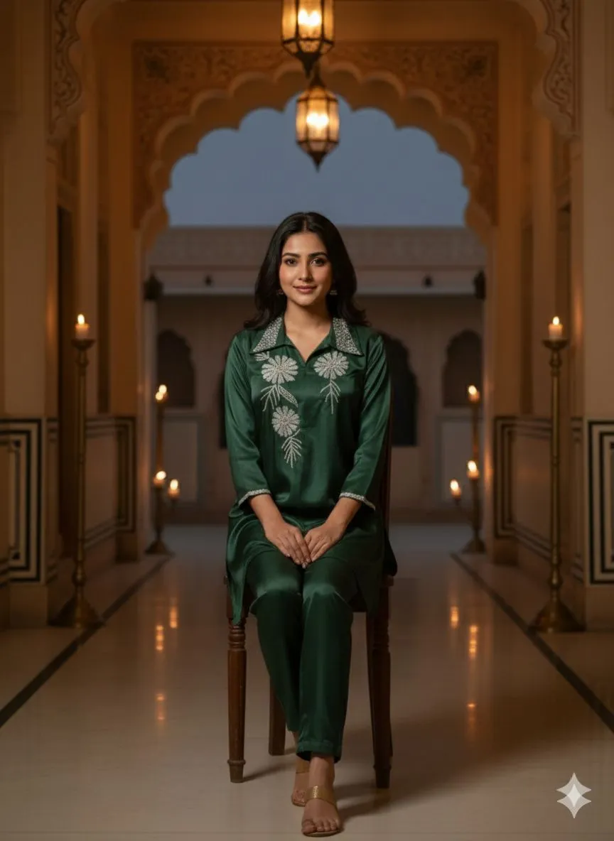 Emerald Green Embroidered Kurta Set view 2