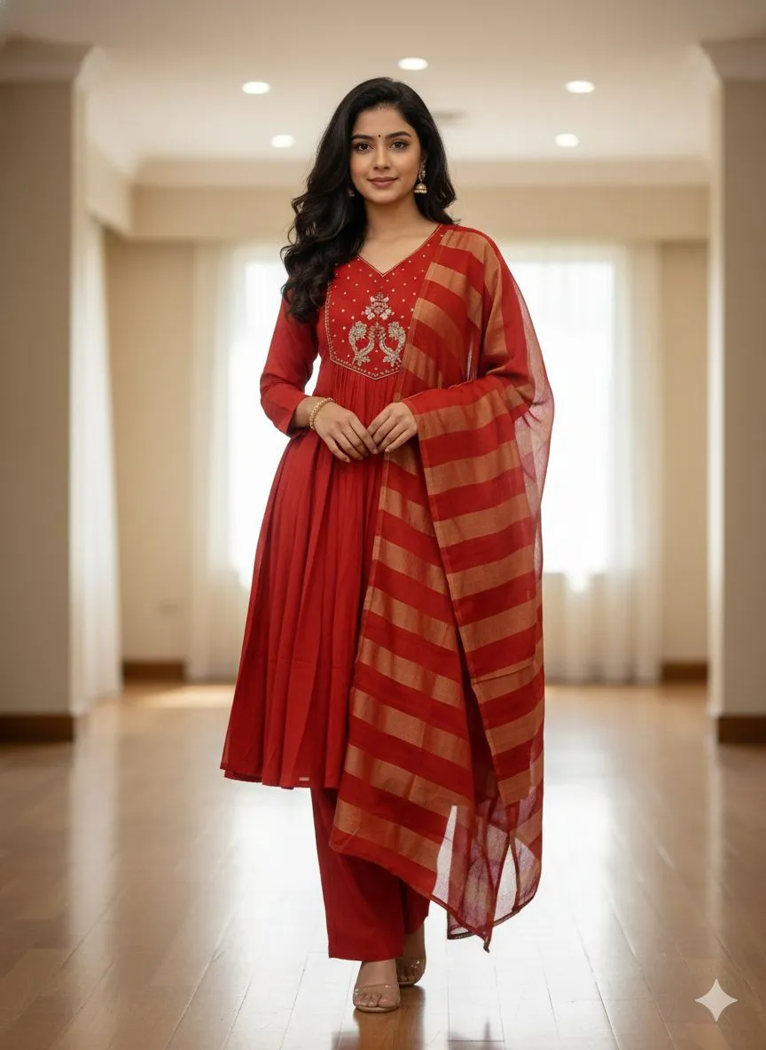 Red Embellished Kurta Set view 2