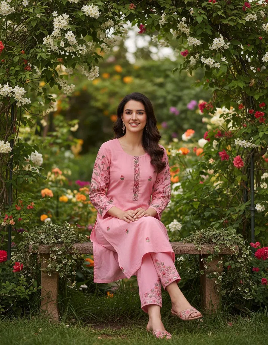 Pink Floral Kurta Set view 2