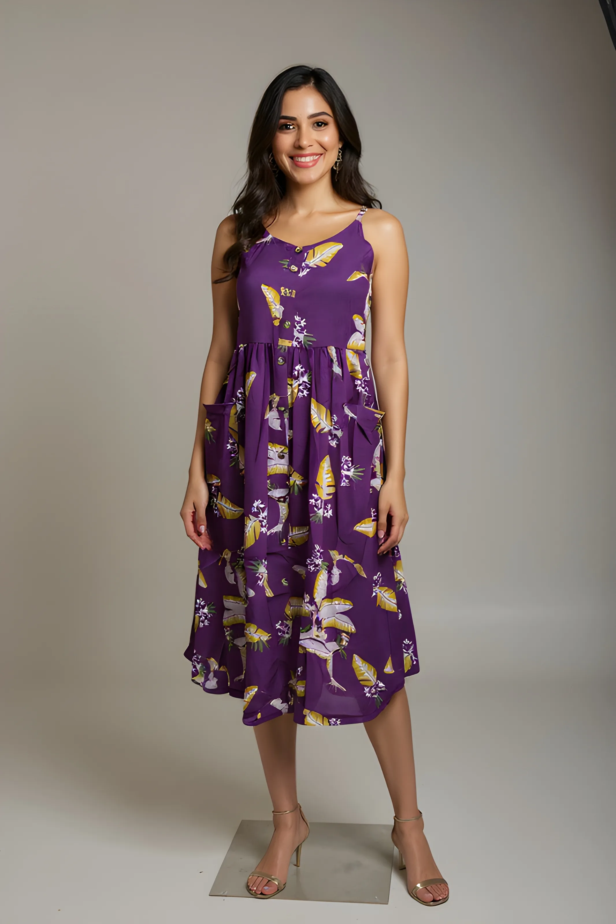 Purple Feather Print Dress