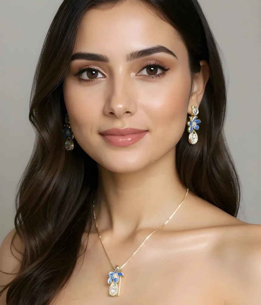 Blue Floral Pendant Earrings Set