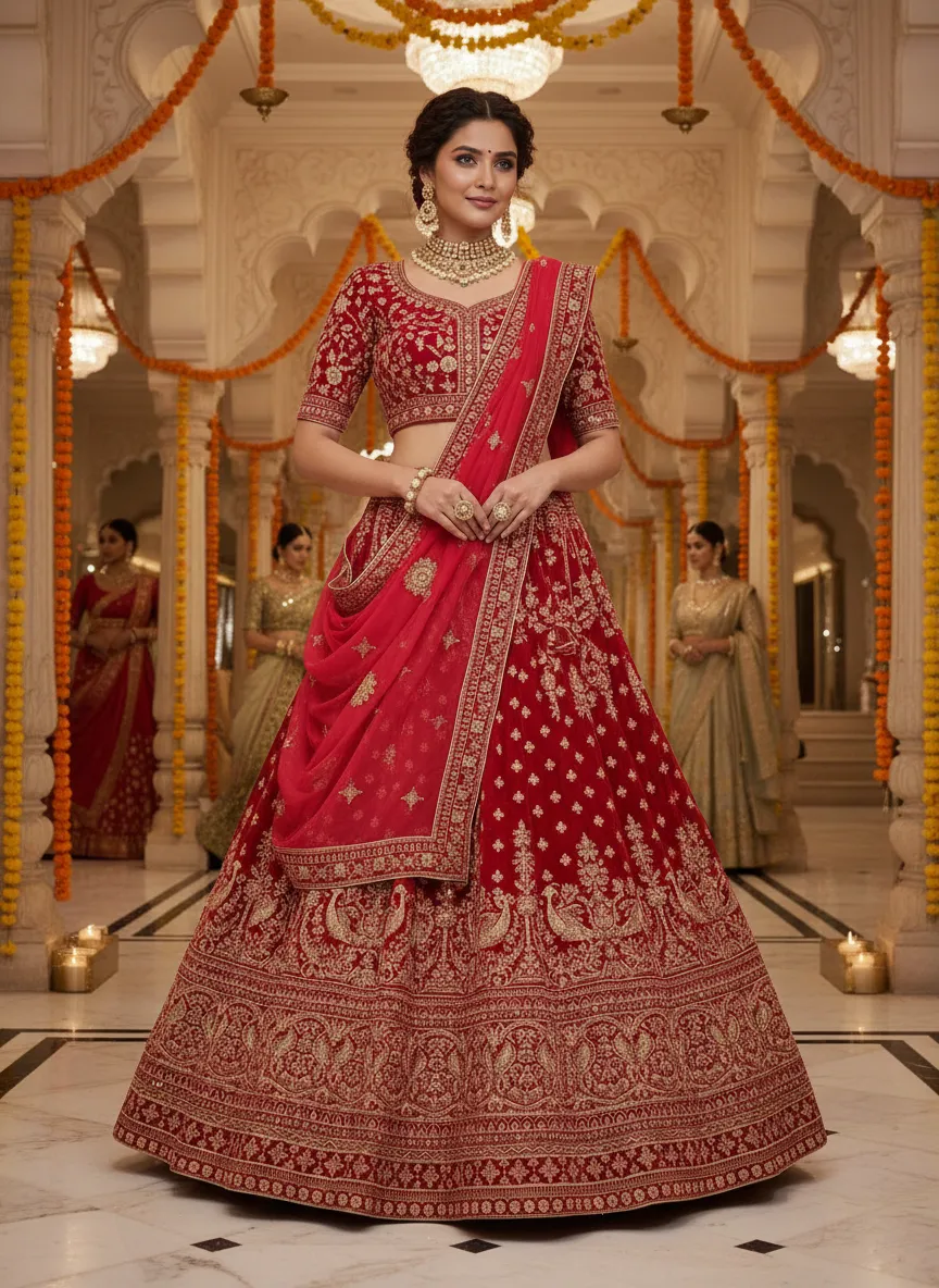 Red Embroidered Lehenga