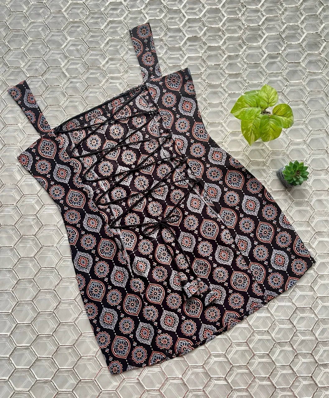 Ajrak Print Backless Kurti Set view 3