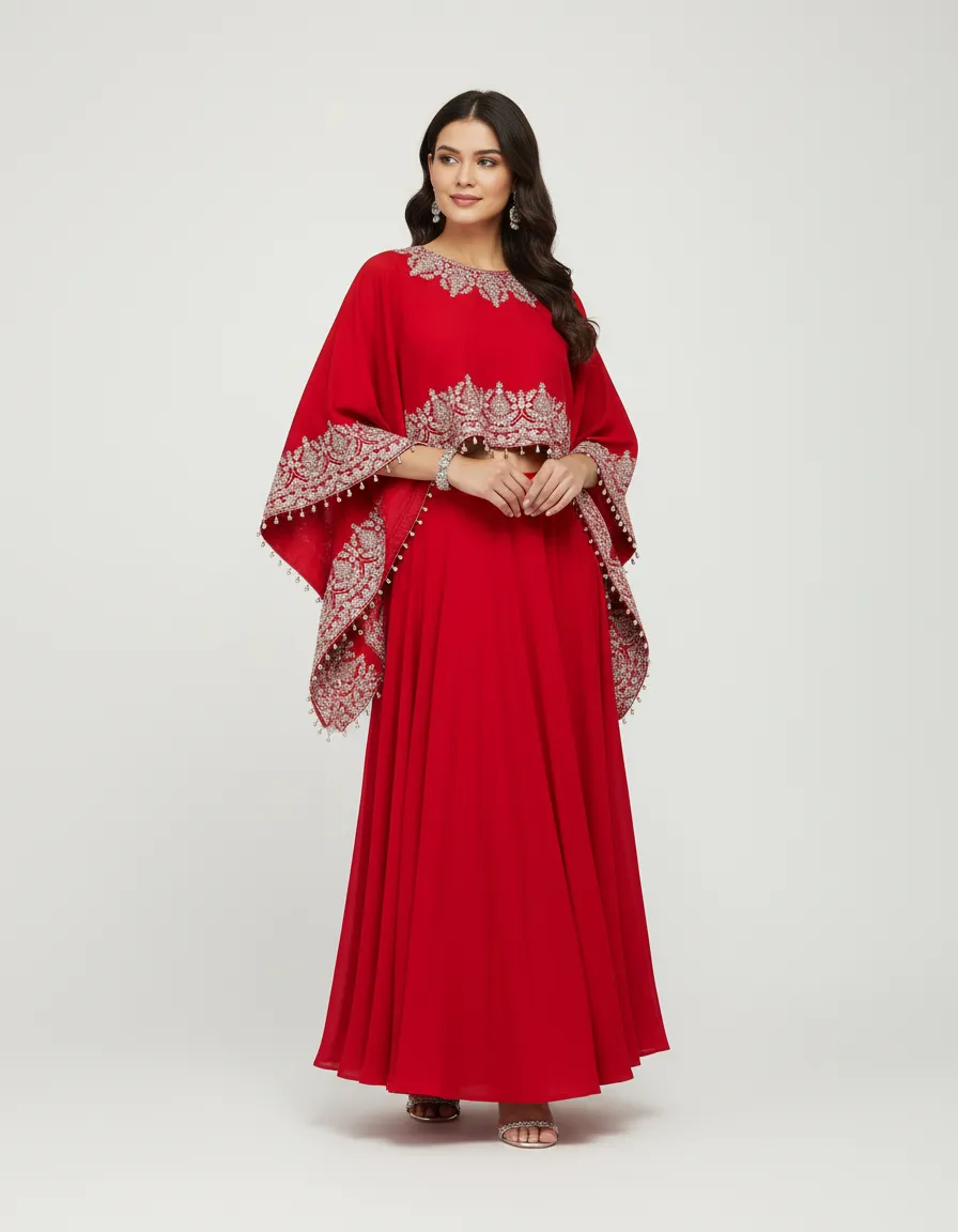 Red Embroidered Cape Dress With Pocket