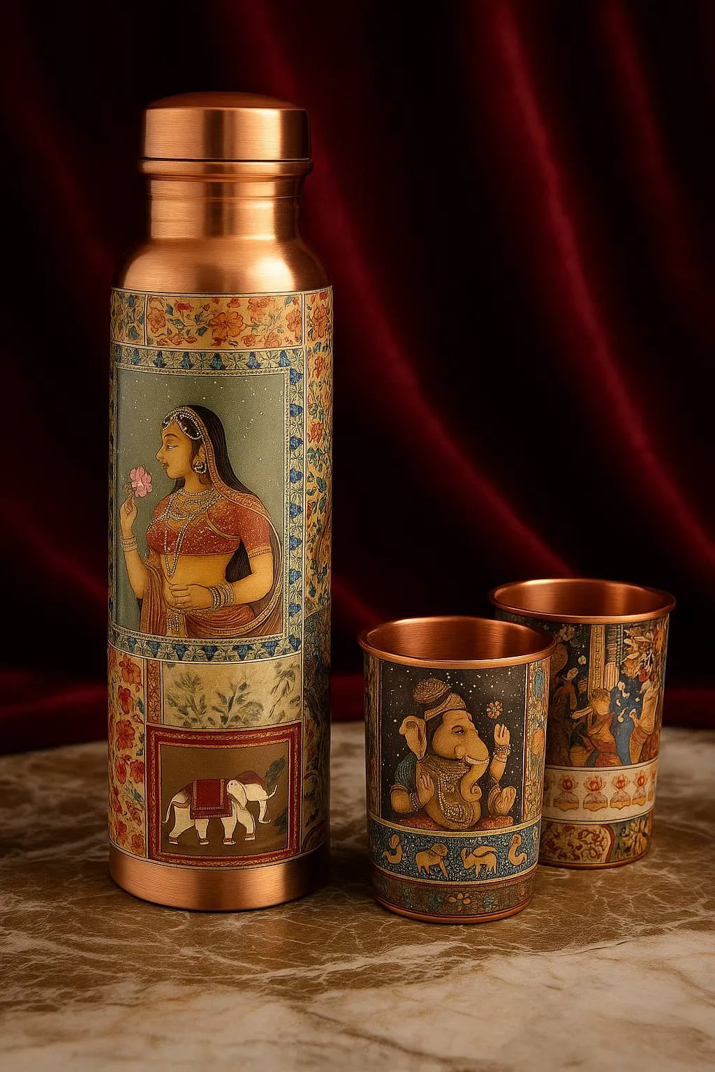 Decorative Copper Water Bottle and Glasses Set