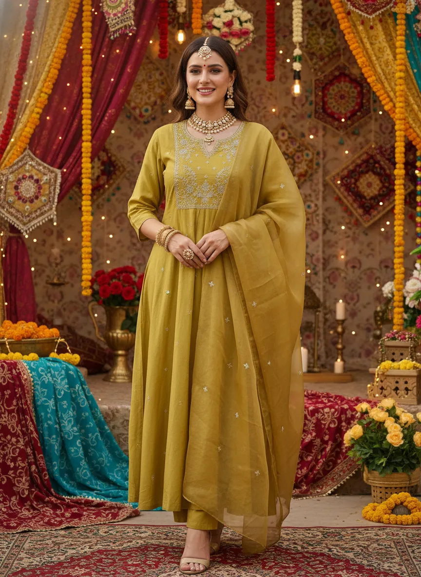 Embroidered Yellow Kurta Set