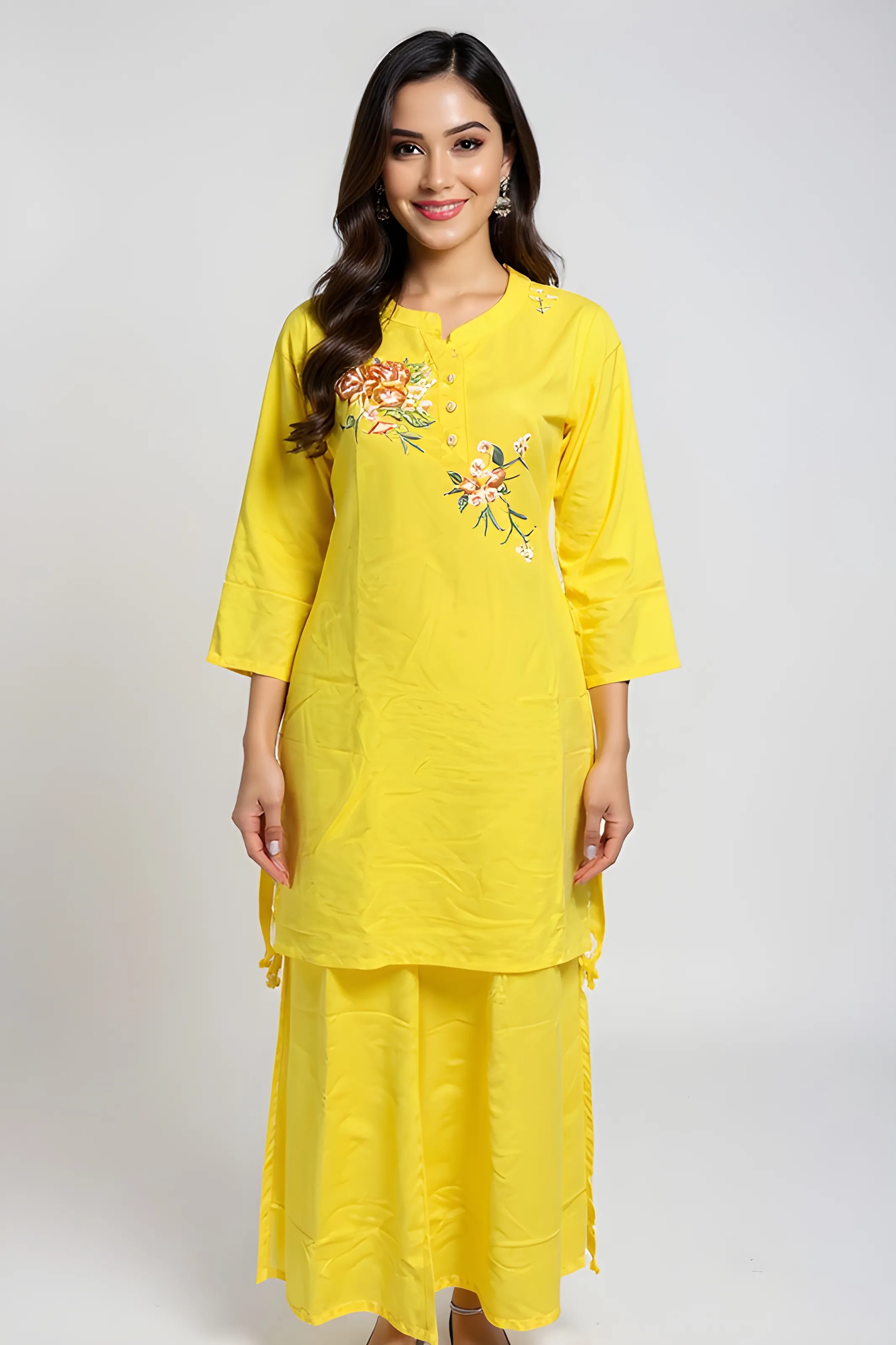 Embroidered Yellow Kurta Set M To XXL